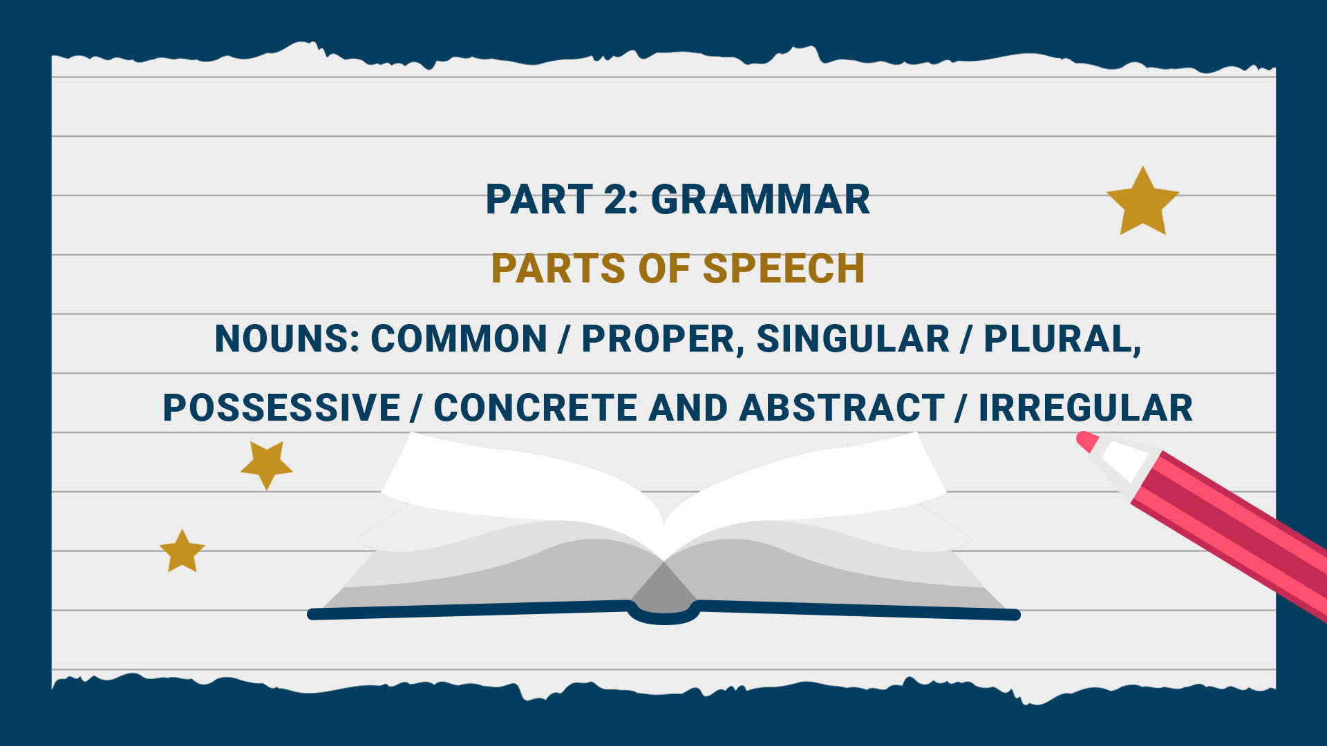 Part 2: Grammar - Parts of Speech -  Nouns: common - proper, singular - plural, possessive - concrete and abstract - irregular